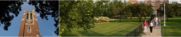 Collage with Beaumont Tower and students walking across campus