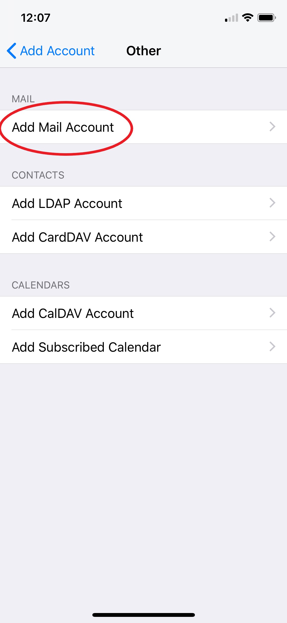 Other account types screen with Mail section showing Add Mail Account highlighted in red oval