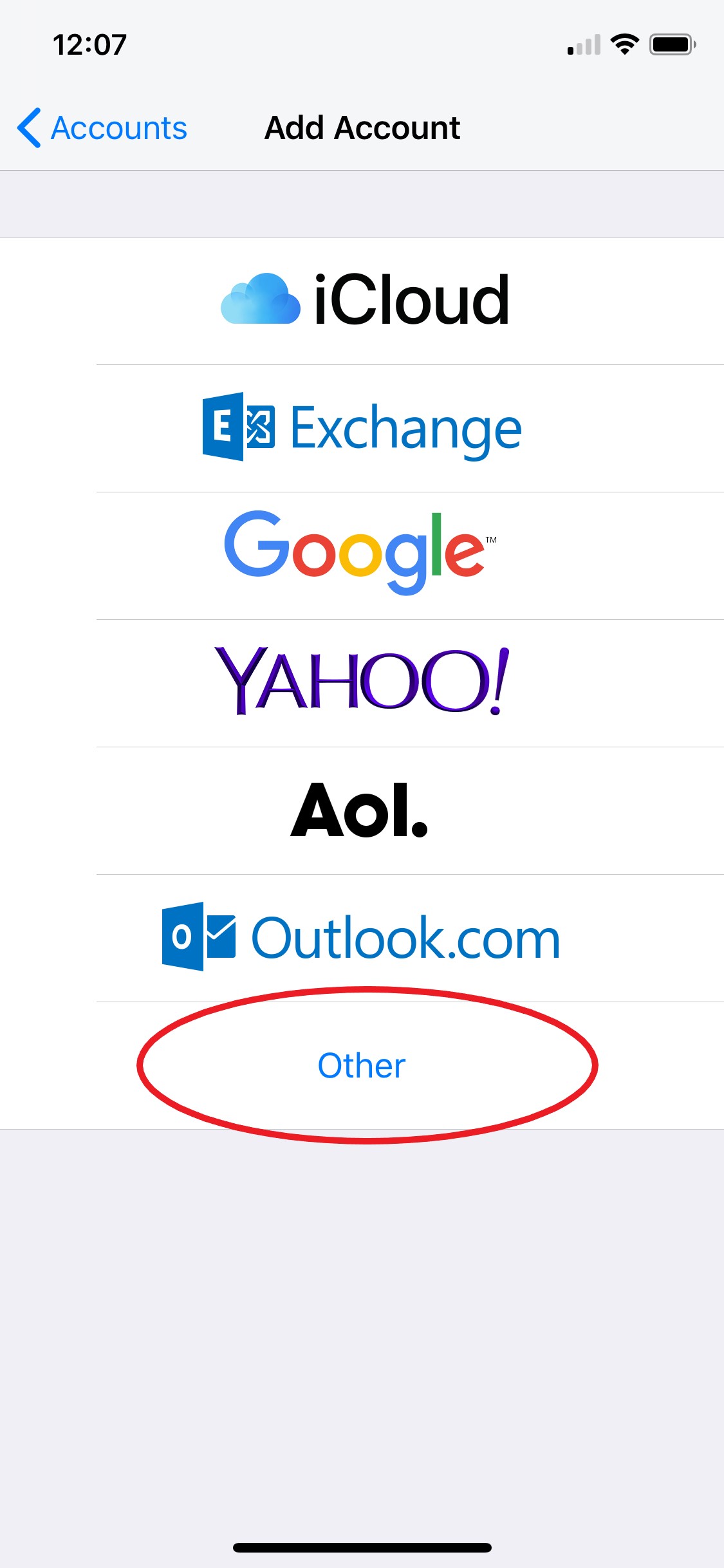 Add Account screen displaying email provider options. Other option highlighted in red oval