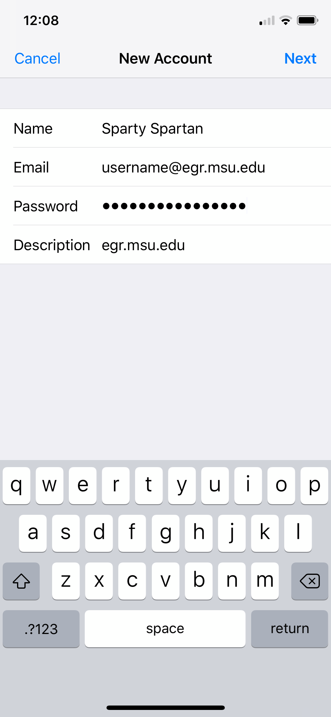 New Account form with fields: Name 'Sparty Spartan', Email 'username@egr.msu.edu', Password with dots, Description 'egr.msu.edu'; on-screen keyboard displayed at bottom