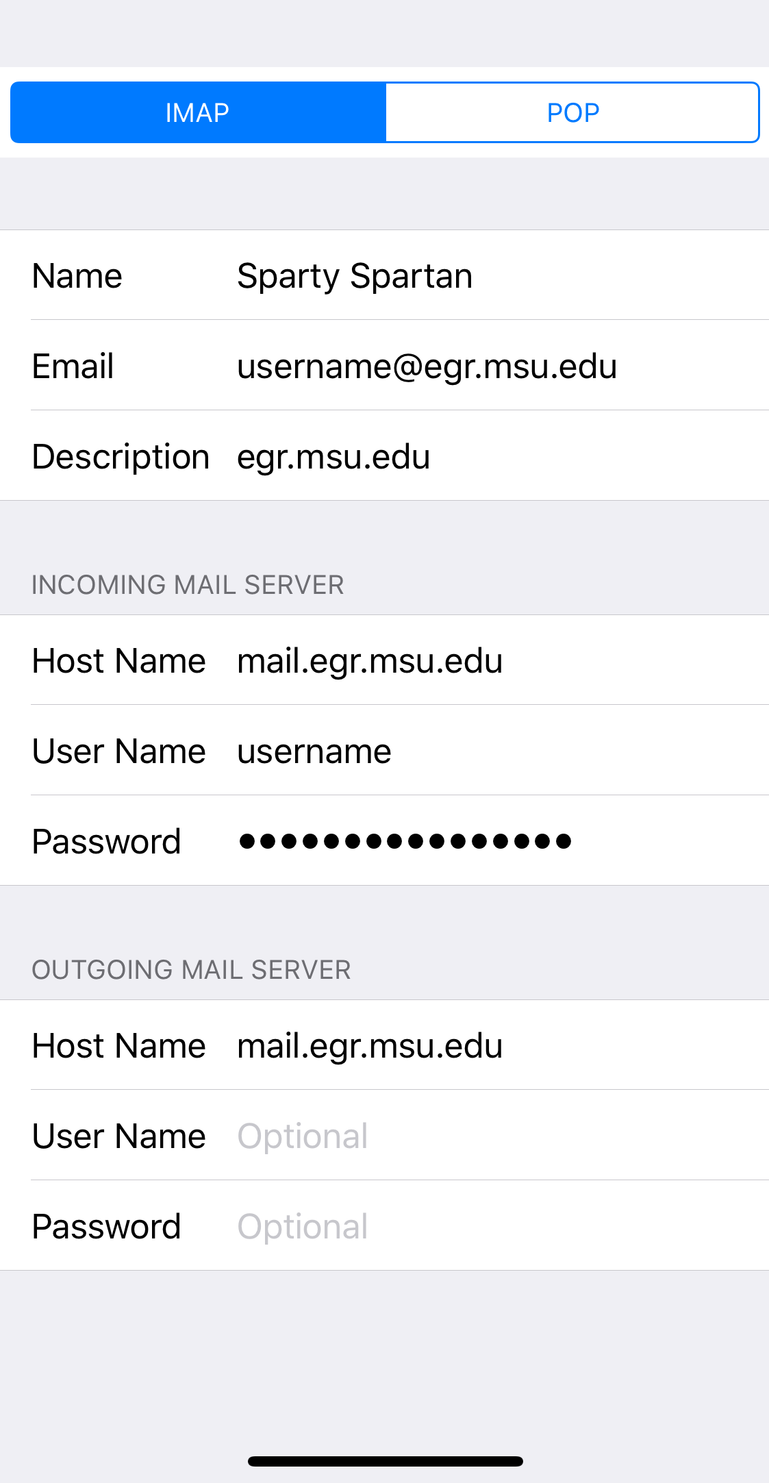 Mail account configuration screen with IMAP tab selected; account details showing Name, Email, Description, Incoming Mail Server with Host Name mail.egr.msu.edu