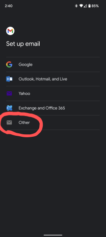 Set up email screen showing provider options: Google, Outlook Hotmail and Live, Yahoo, Exchange and Office 365, Other (highlighted).