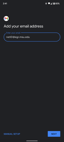 Add your email address screen with input field showing 'netID@egr.msu.edu'. Manual Setup and Next buttons displayed