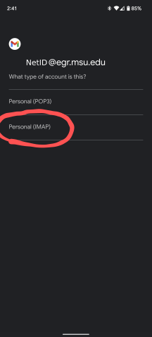 Account type selection for NetID@egr.msu.edu showing Personal (POP3) and Personal (IMAP) options with IMAP highlighted.