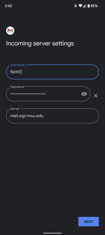 Incoming server settings form with Username 'NetID', password field, and Server 'mail.egr.msu.edu'.