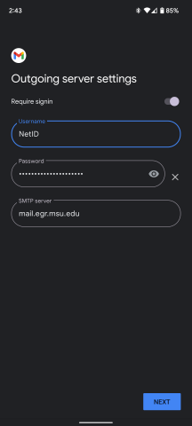 Outgoing server settings with Require signin toggle off, Username 'NetID', password field, and SMTP server 'mail.egr.msu.edu'.