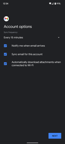 Account options page with sync frequency set to Every 15 minutes, and all other options checked.