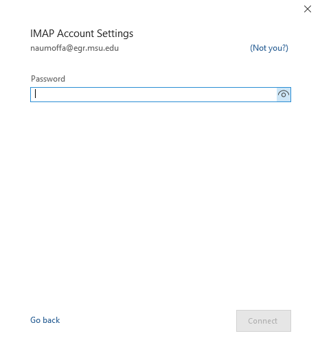 Outlook login screen with email address field showing naumoffa@egr.msu.edu, Advanced options dropdown, and Connect button