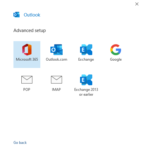 Outlook Advanced setup screen displaying email service options: Microsoft 365, Outlook.com, Exchange, Google, POP, IMAP, and Exchange 2013 or earlier