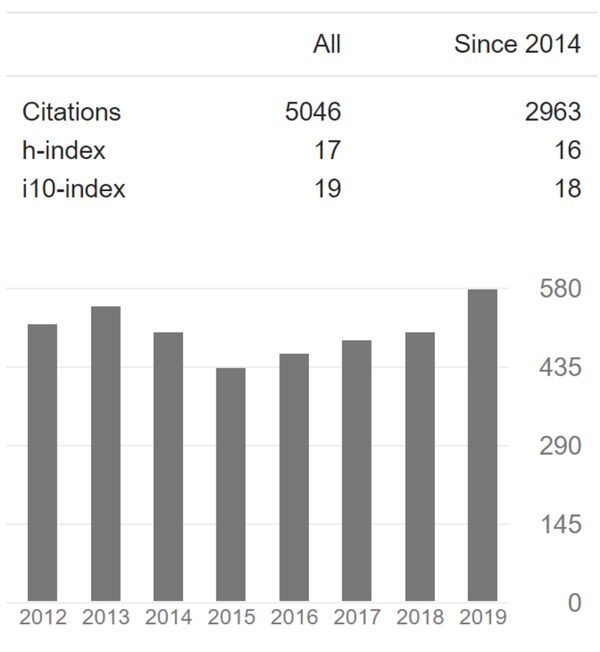 Bar chart of citations per year up to 2019.