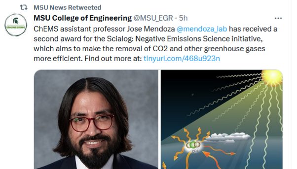 MSU Engineering post announcing José Mendoza's second Scialog award.