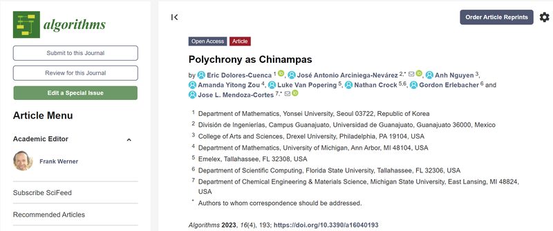 First page of the article Polychrony as Chinampas in the journal Algorithms.