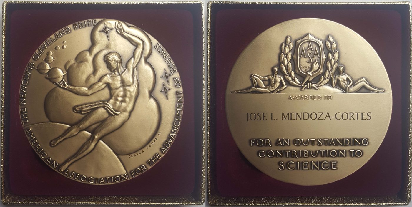 Front and back of the AAAS Newcomb Cleveland Prize medal, engraved 'Awarded to Jose L. Mendoza-Cortes for an outstanding contribution to Science'.